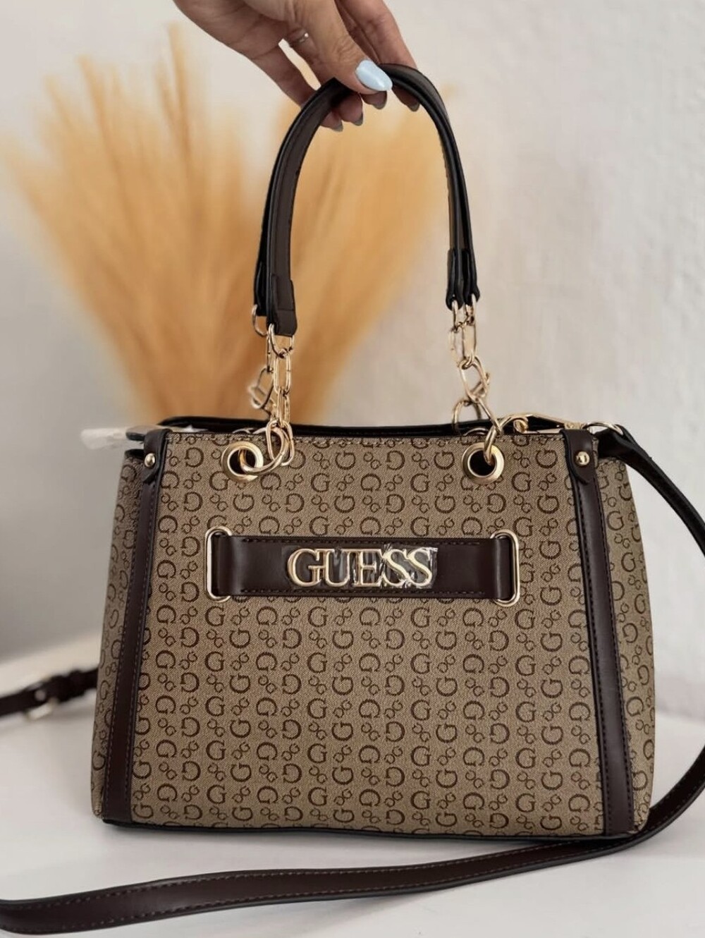 GUESS Brown Monogram Satchel with Gold Hardware